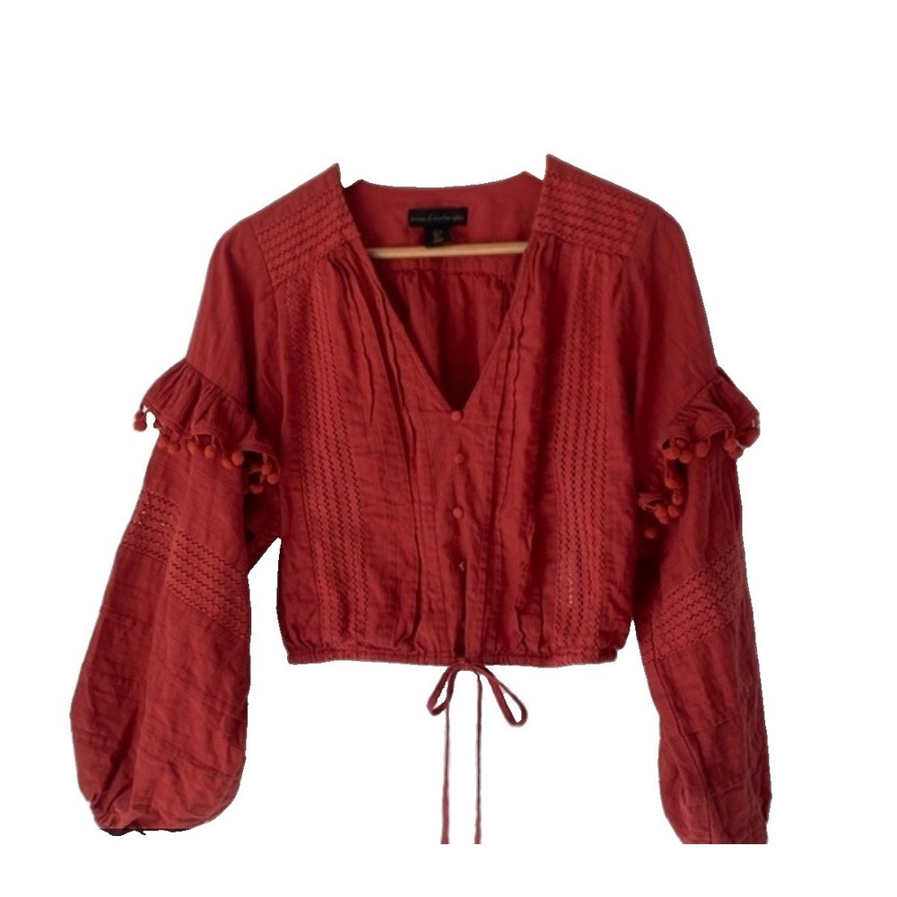 House of Harlow 1960 Eyelet Lace Ruffle Blouse Embroidered Shirt Top Rust Sz M